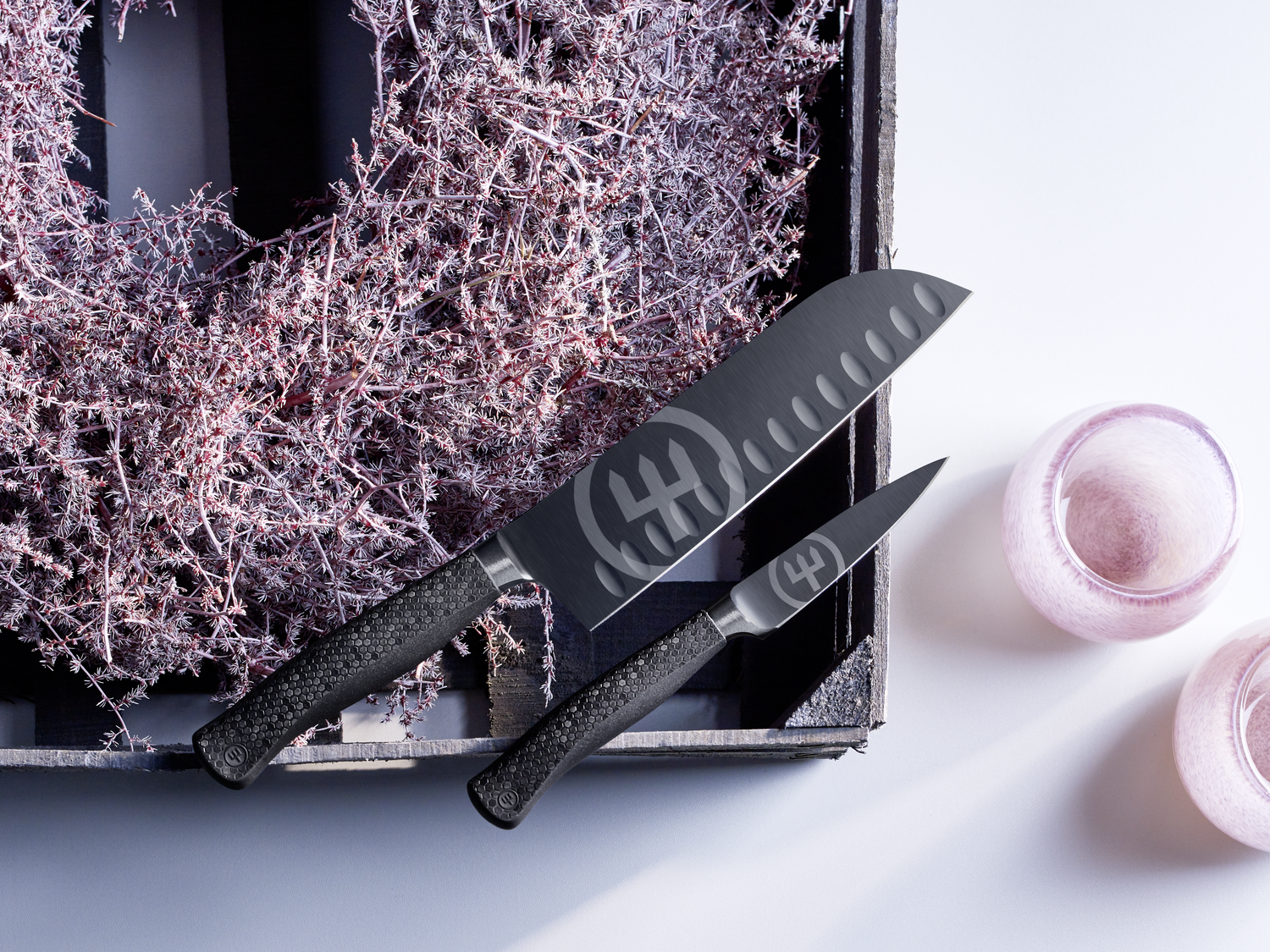 WÜSTHOF Performer Santoku and paring knives with purple wreath