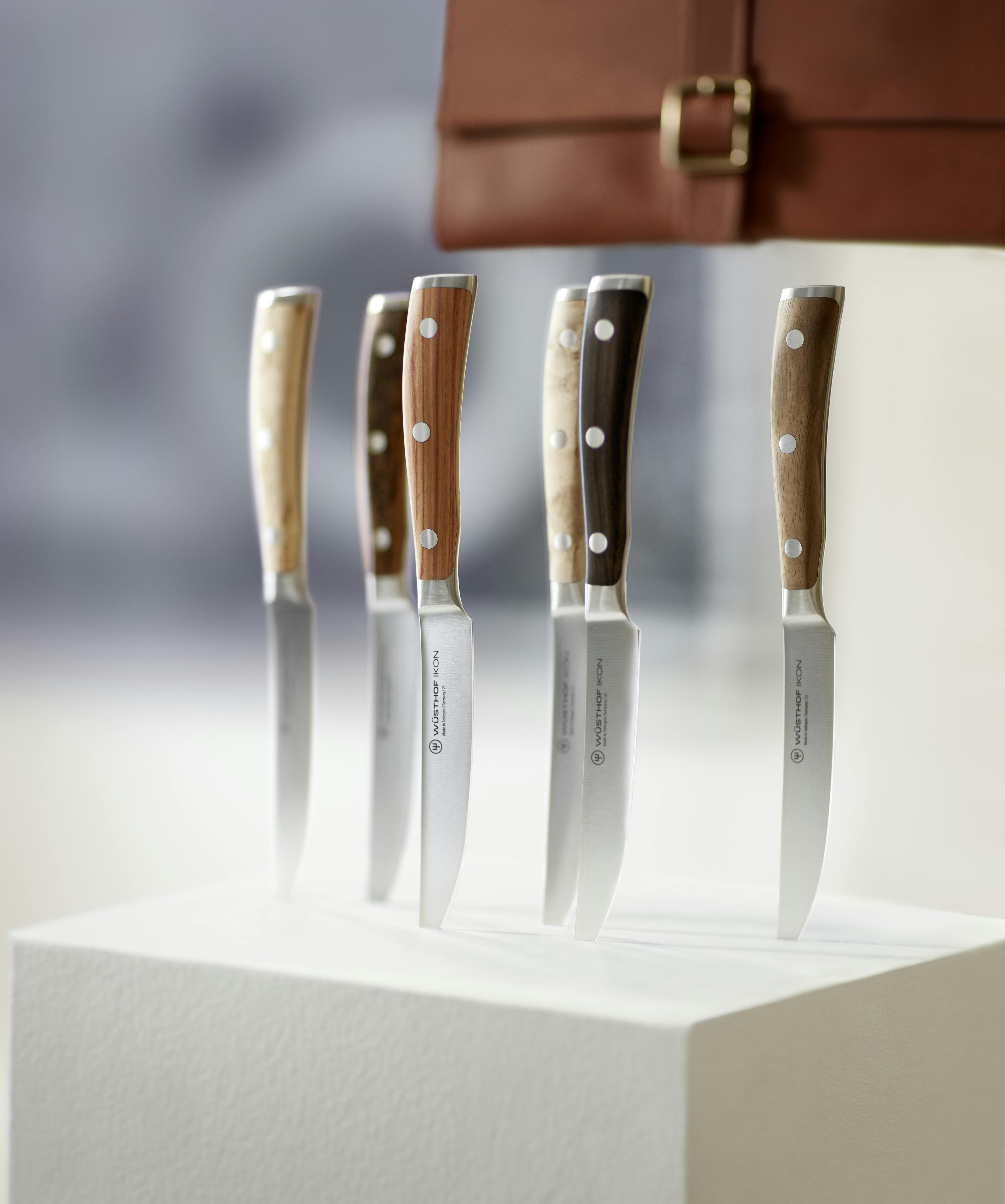 close up of 6 steak knives with different wood handles